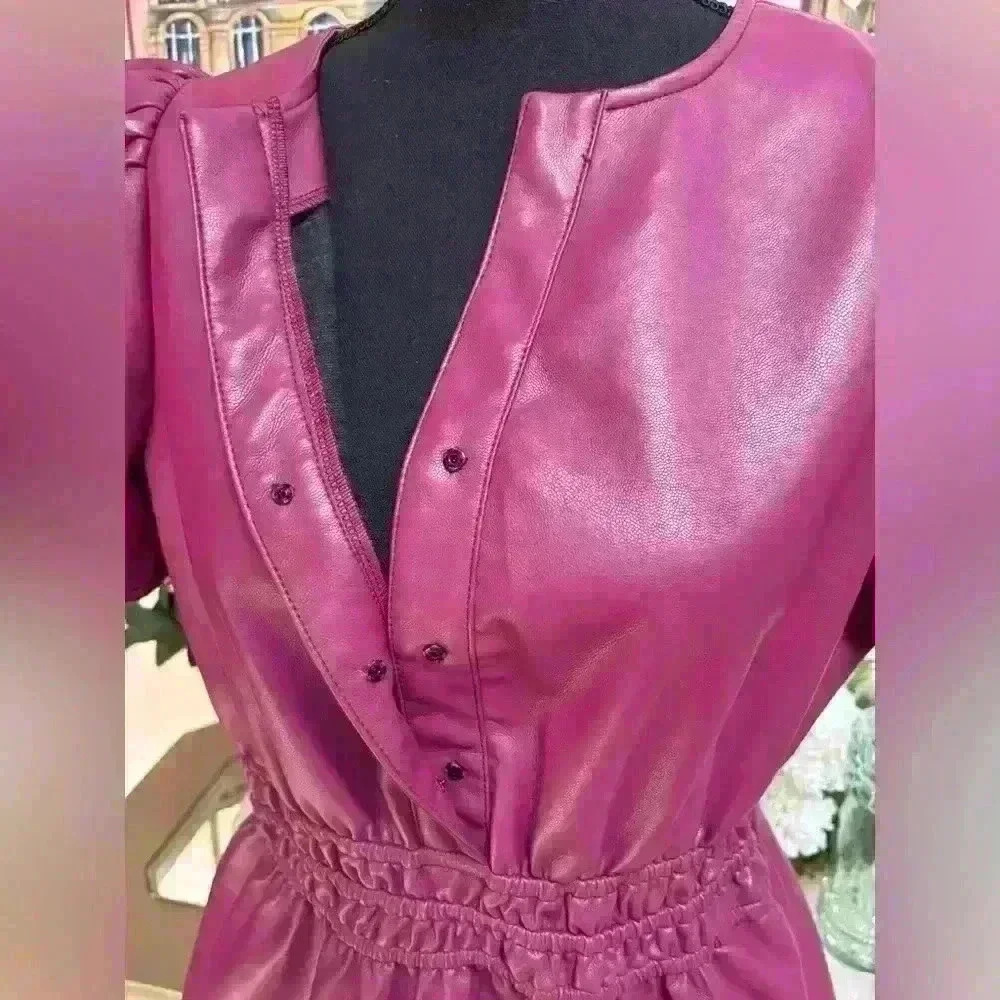 Women's Faux Leather Puff-Sleeve Dress — Bordeaux - Picture 6 of 13